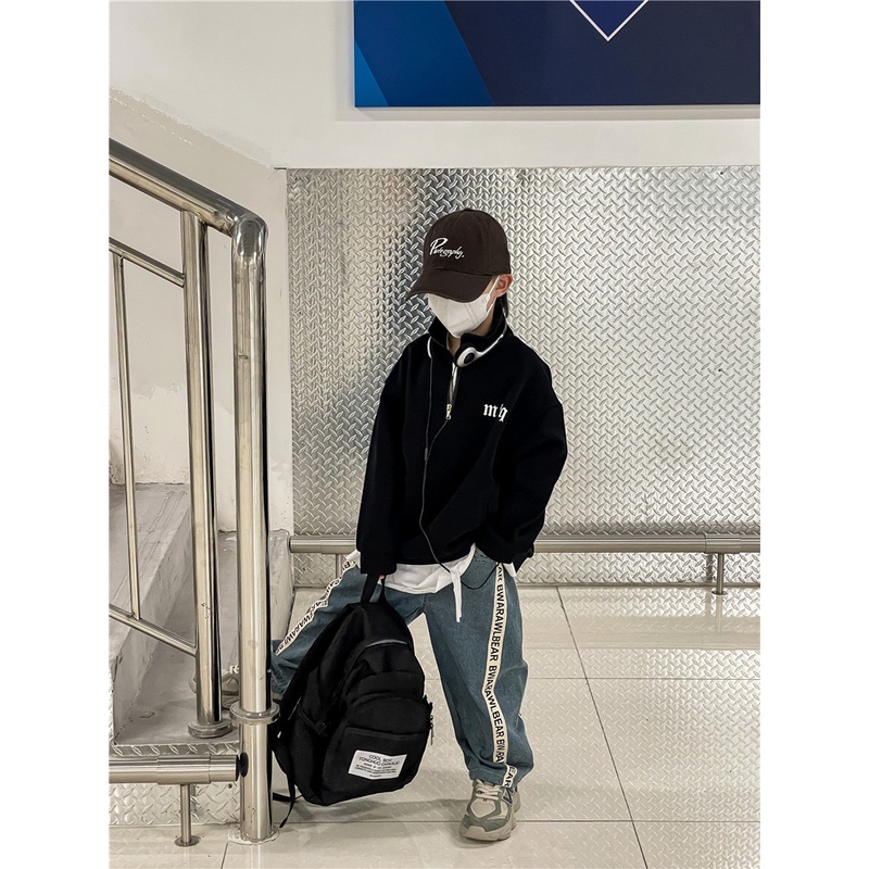 Quần jean bé trai QB360 sz 90-150 màu xanh sọc chữ, quần chất denim cho bé thời trang thu đông