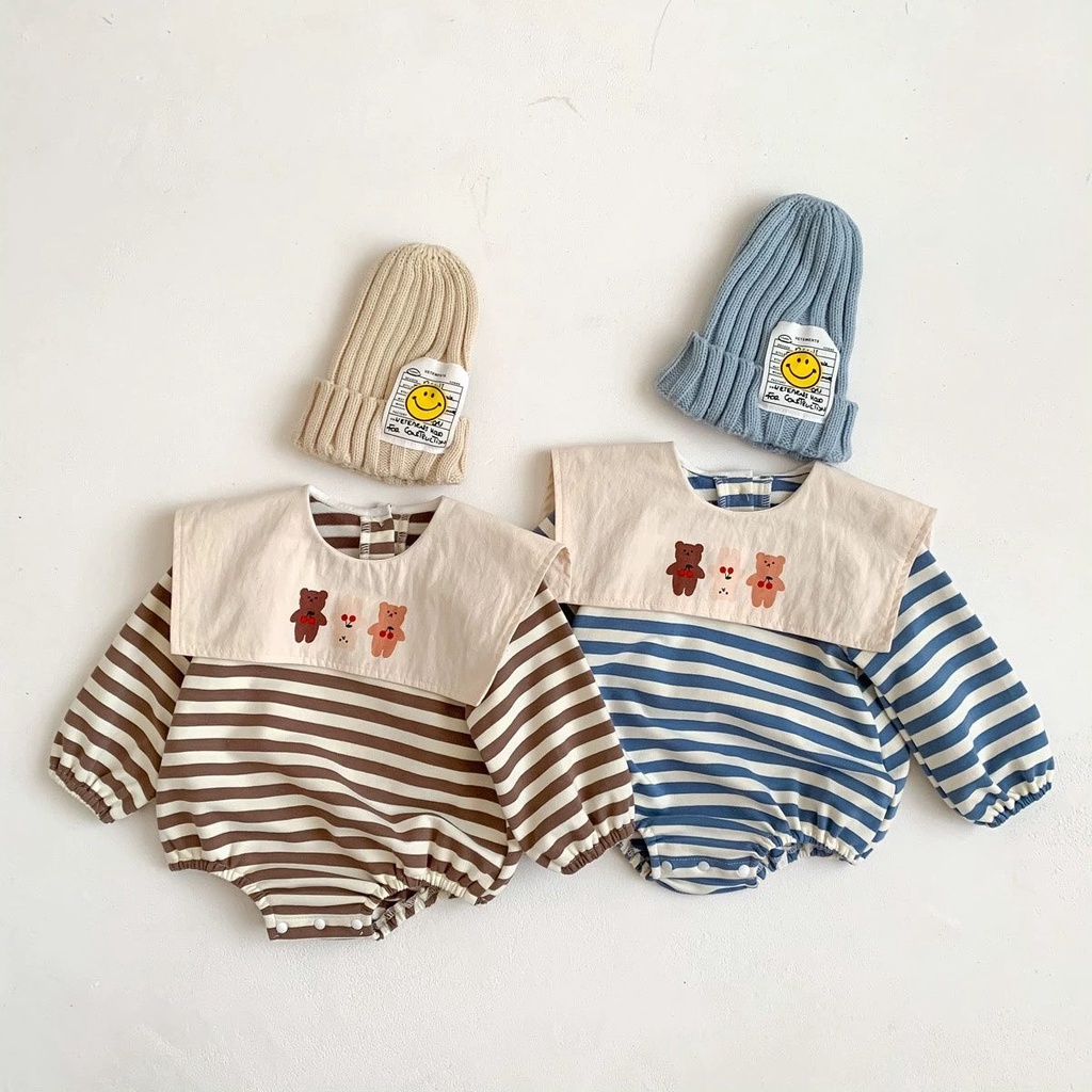 Baby romper sơ sinh sọc lưng gấu thủy thủ cổ áo sơ sinh bé trai Áo liền quần baby onesie quần áo trẻ em 0-24 tháng