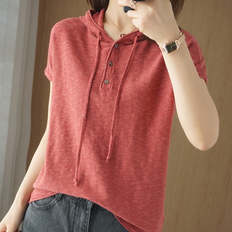 Áo Thun Cotton Lanh Chui Đầu Tay Cộc Có Mũ Trùm Dáng Rộng Phong Cách Mùa Hè Mới 2023