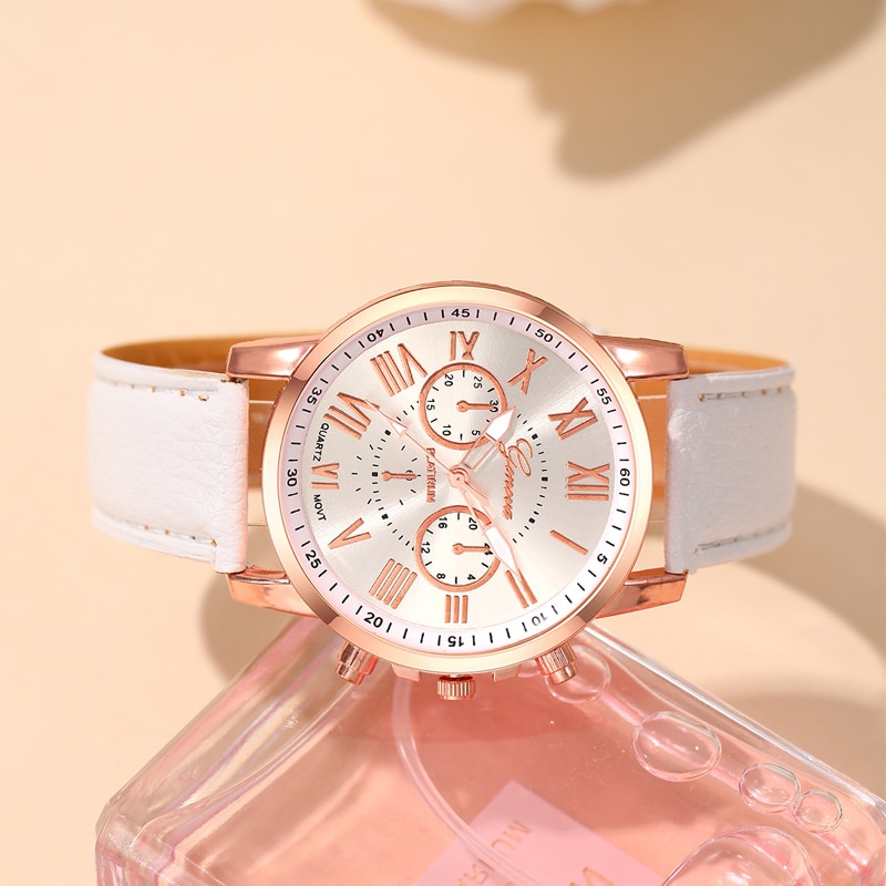 6-piece women watch set vòng cổ bông tai và vòng tay bộ thời trang doanh nhân phụ nữ đơn giản đồng hồ thạch anh da trắng