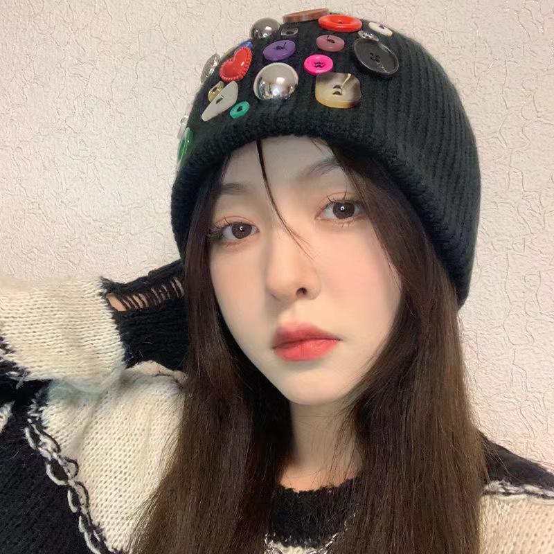 Mũ dệt kim nút đầy màu sắc thời trang phong cách hàn quốc
