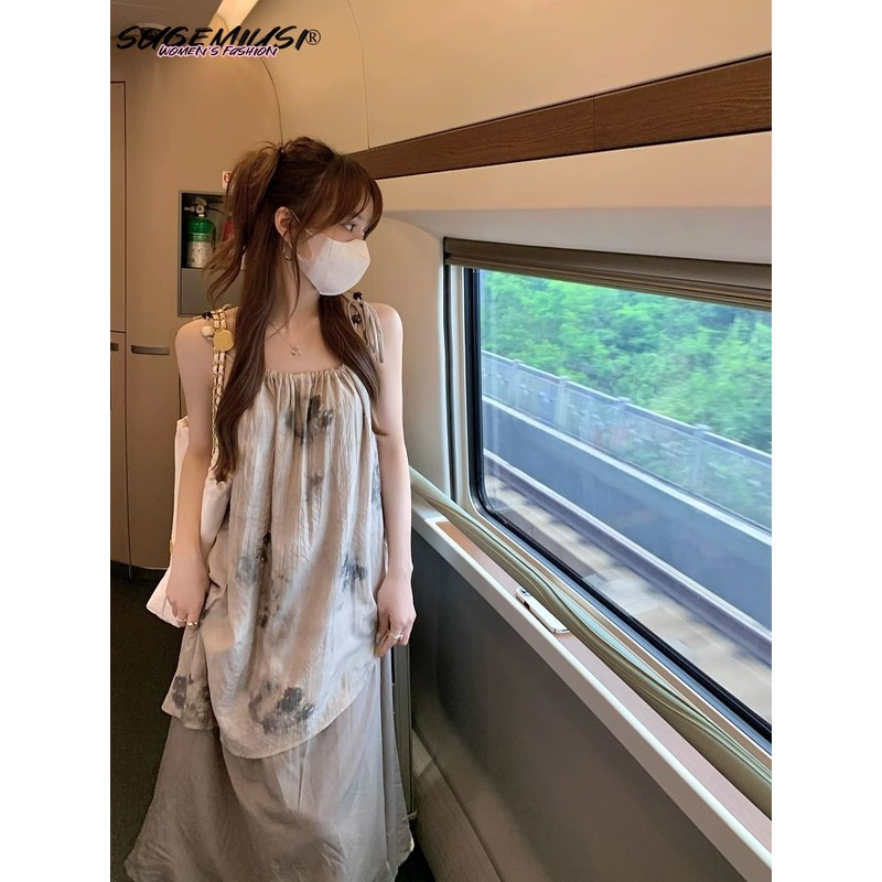 Sugemiusi Đầm Hai Dây Nhuộm Màu Phong Cách Pháp Thời Trang Mùa Hè Cho Nữ