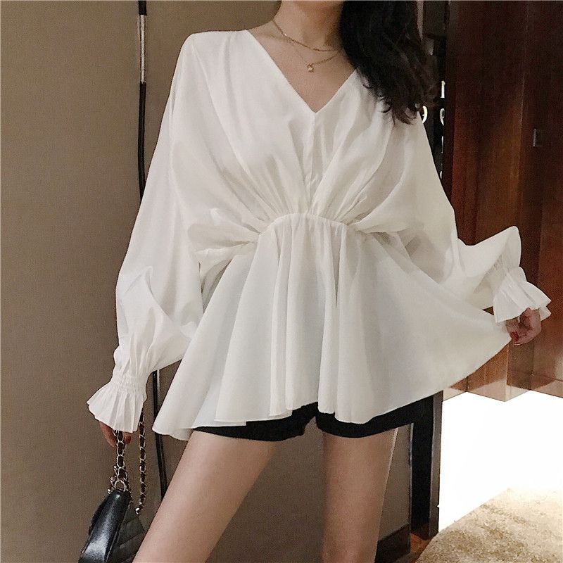 Áo cánh dơi nữ mùa xuân 2023 áo cánh dơi v-cổ - áo sơ mi quấn eo vừa vặn