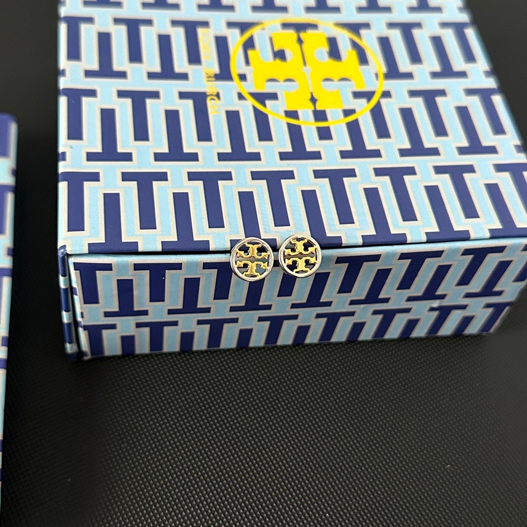 Tory burch bông tai titan thép chữ logo ear hoop stud earrings trang sức của phụ nữ