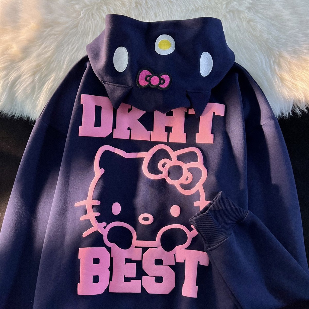 Áo Khoác Hoodie Có Khóa Kéo Thêu Hình Mèo kitty Dễ Thương