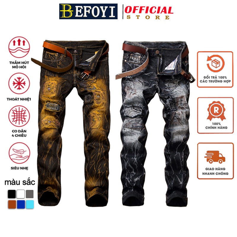 Befoyi men's ripped jeans straight pleated worn looking washed-out striped quần màu vàng plus size 38 40 HLN7