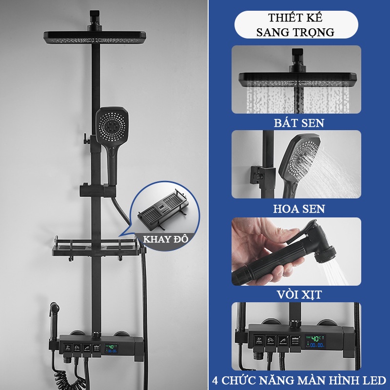 Bộ vòi hoa sen 4 nút bấm cao cấp KAW Hiển thị nhiệt độ qua màn hình LED - Màu đen - Phân phối và bảo hành toàn quốc