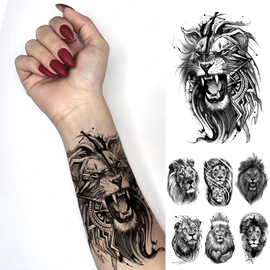 Hình xăm tạm thời không thấm nước sticker thùng rác phong cách polka đèn flash hình xăm sư tử sói mighty chân nghệ thuật cơ thể cánh tay phụ nữ tatoo giả cho nam giới nhiều kiểu