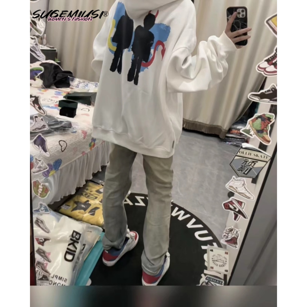 Sugemiusi Áo Hoodie Tay Dài Chui Đầu Dáng Rộng Họa Tiết Graffiti Đường Phố Mỹ Mùa Thu Đơn Giản Cho Cặp Đôi