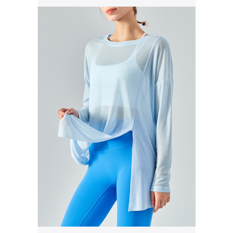 Fit.her blouse phụ nữ một bên tách dài tay áo yoga phụ nữ mùa hè nhẹ thể thao áo rời chạy thể dục quần áo