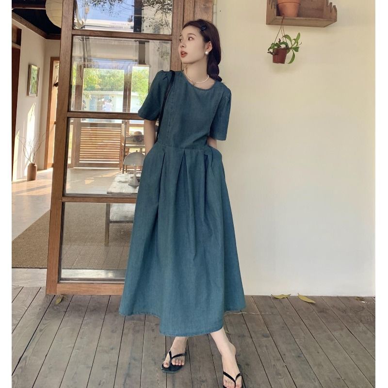 Ready stock phiên bản hàn quốc váy denim tươi mát mùa hè phong cách mới high-end váy tinh tế kích thước lớn hình quả lê lỏng lẻo trông mỏng hơn a-line s