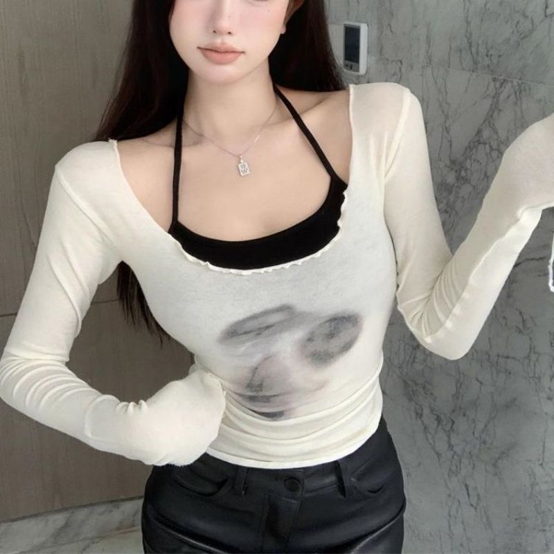 Áo Thun Tay Dài 2 Dây Dáng Ôm Thời Trang Hàn Quốc Dành Cho Nữ