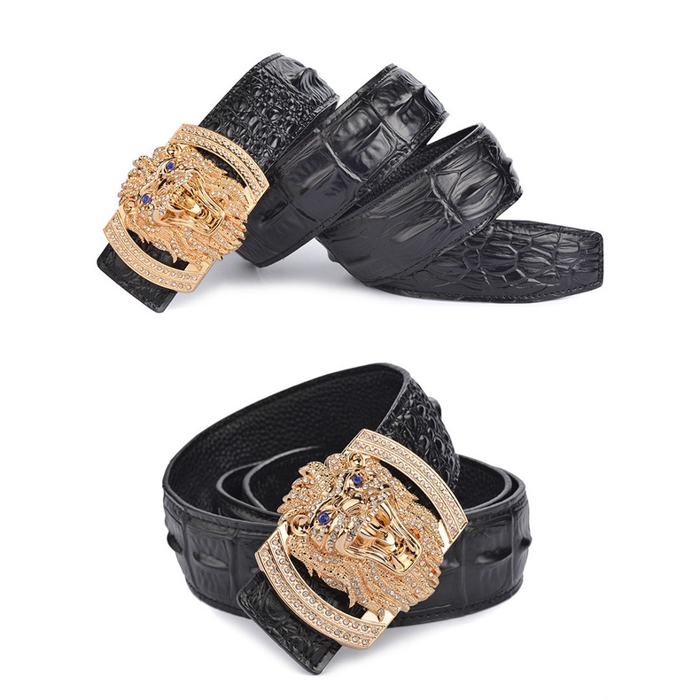 Thắt lưng nam da nâu cá sấu vàng sang trọng khóa sư tử quà tặng bằng da