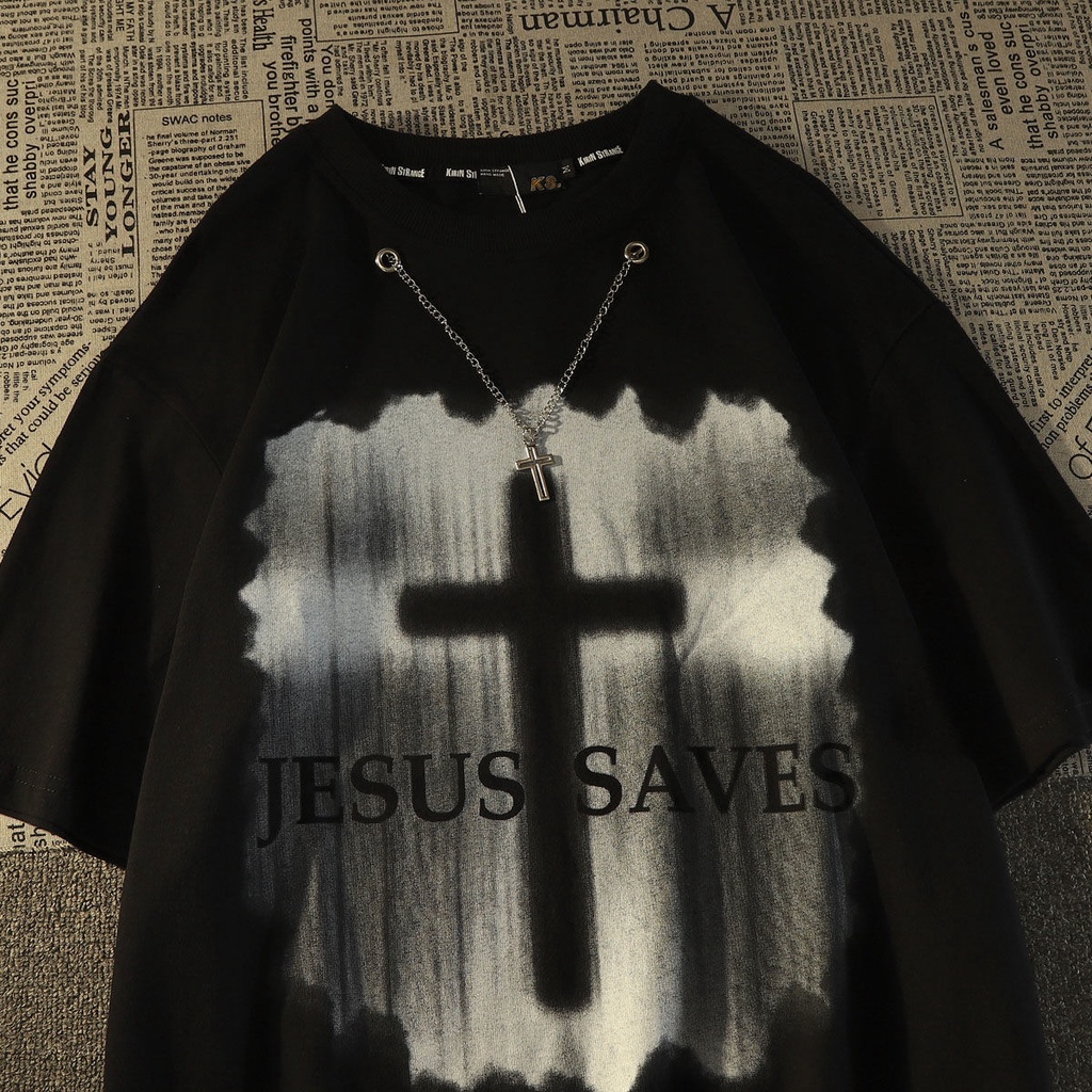 American retro dark cross vòng cổ pure cotton short-tay t-shirt mùa hè loose top