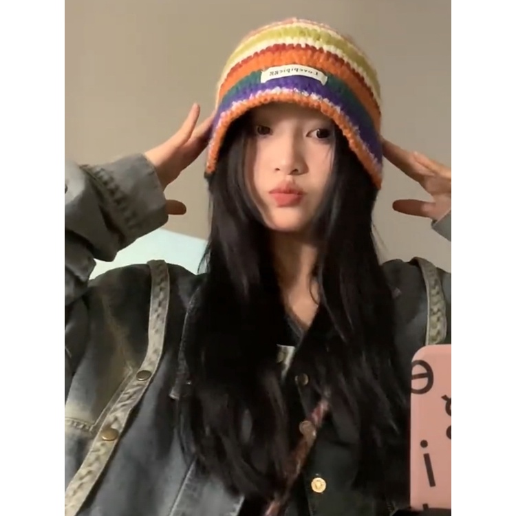Mũ len mùa đông chu vi đầu lớn nữ hiển thị khuôn mặt nhỏ đầy màu sắc sọc mũ xô nhỏ hoa cọc mũ ấm lạnh tất cả
