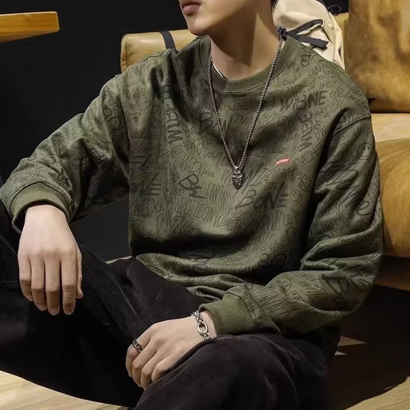 Áo sweatshirt HANLU chất nỉ da lộn dày dặn day tay dáng rộng in chữ cái cho nam