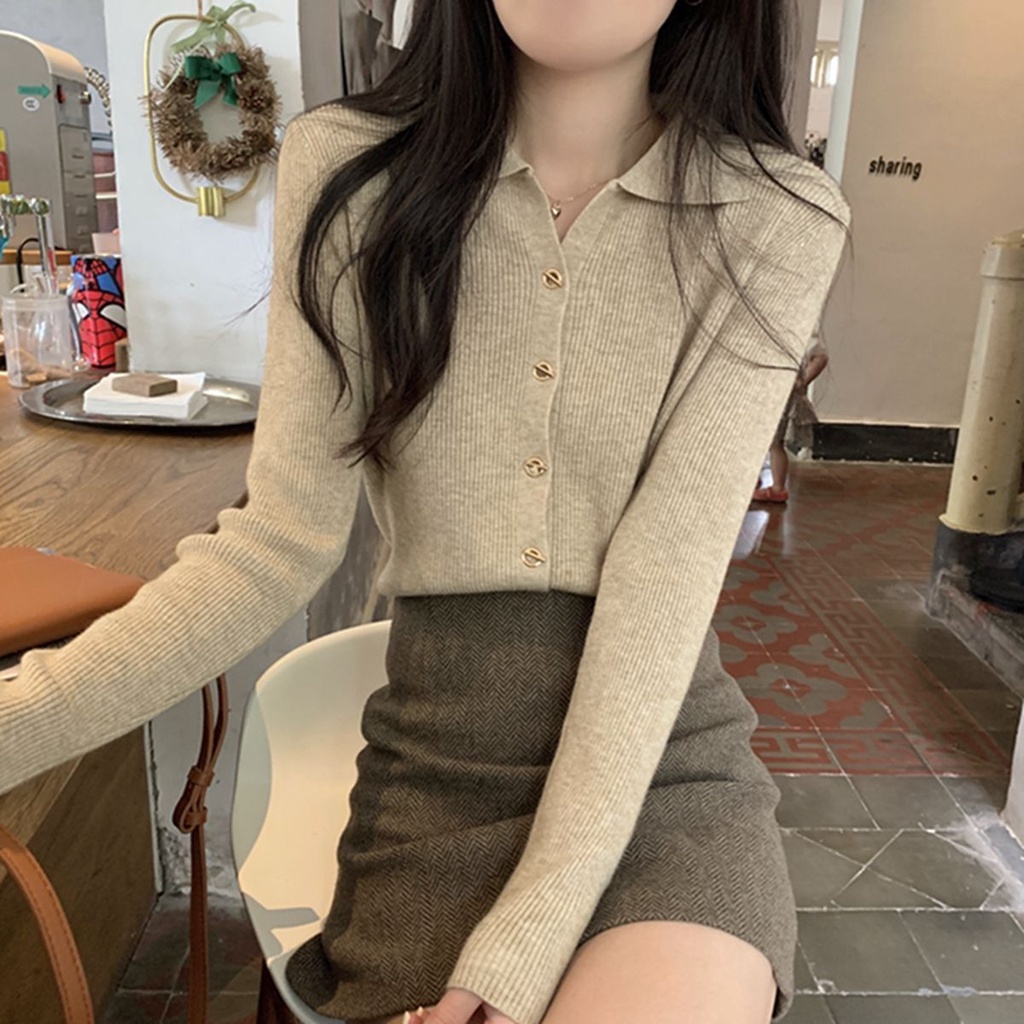 Autumn winter long-sleeved t-shirt phụ nữ polo collar sweater base top