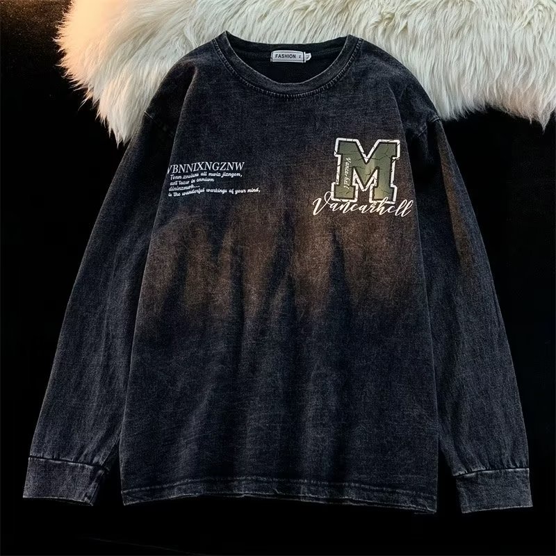 Áo thun dài tay  Unisex T-shirt 100% Cotton Phong cách Vintage Châu Âu lỏng lẻo đen