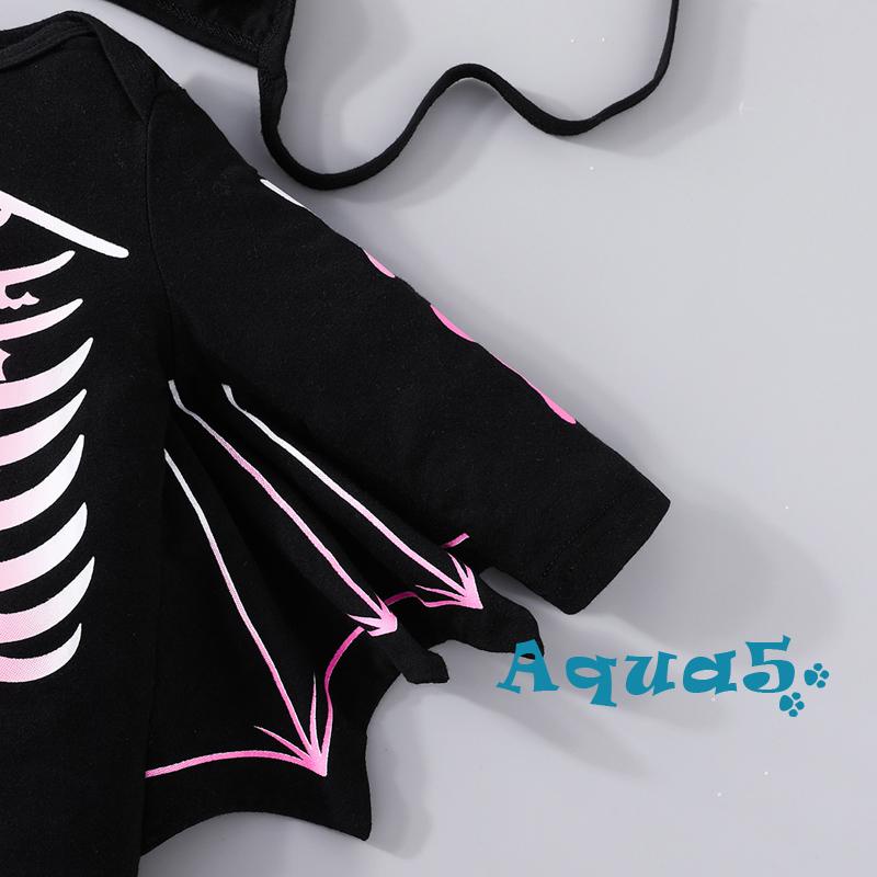 Aqua-baby halloween bat rompers trẻ sơ sinh bé trai cô gái bộ xương in bodysuit dài tay có mũ trang phục áo liền quần sơ sinh