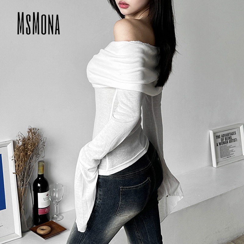 Áo thun nữ MsMona tay dài trễ vai ôm dáng vừa vặn màu trơn sexy thời trang mới 2023