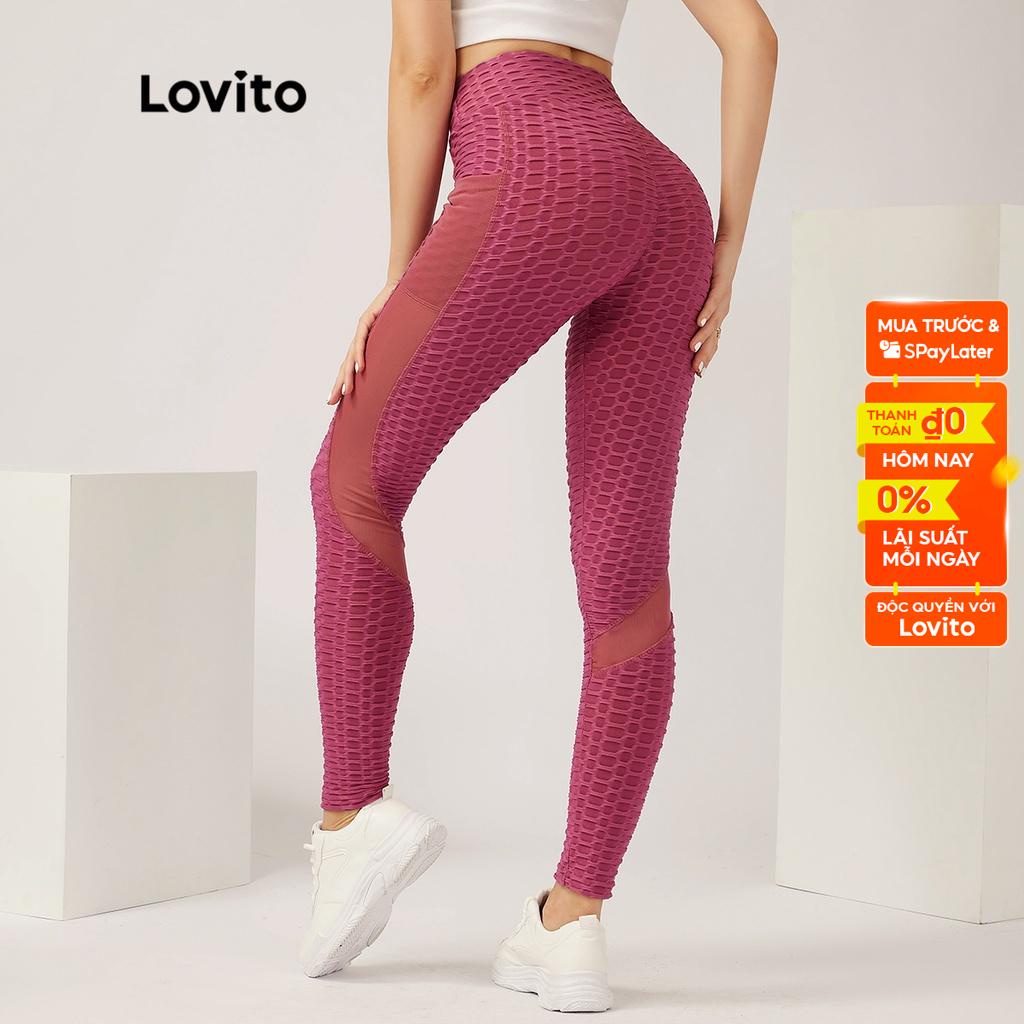 Quần legging thể thao Lovito nhuộm màu loang phối lưới tương phản có túi L18X522 (Màu đen và trắng/hồng)