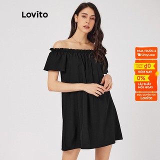 Đầm Lovito xếp nếp trễ vai màu trơn thường ngày L23LD058 (màu đen)