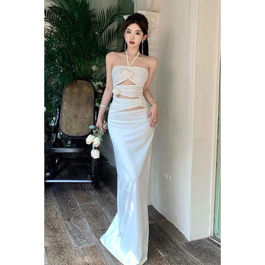 Chiclynana Đầm Hai Dây Dáng Dài Họa Tiết Hoa Thanh Lịch Quyến Rũ Cho Nữ