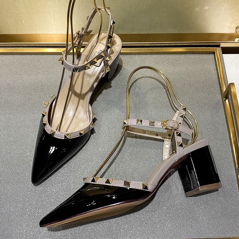 Giày Sandal Cao Gót 5Cm Mũi Nhọn Phối Dây Xinh Xắn Dành Cho Nữ