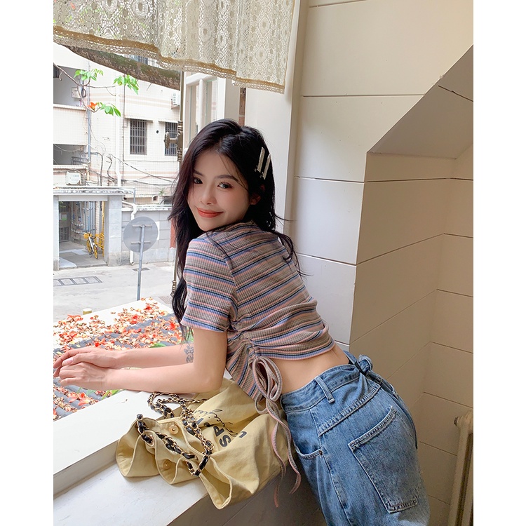 Áo Thun Ngắn Tay Dây Rút Họa Tiết Kẻ Sọc Tương Phản Thời Trang Mùa Hè Mới Cho Nữ