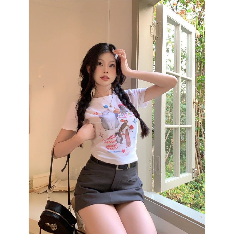 Áo thun áo phông Áo Thun Tay Ngắn In Hình Mèo Dễ Thương Thời Trang Mùa Hè Cho Nữ