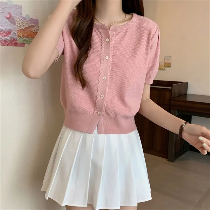 Áo Cardigan Dệt Kim Tay Ngắn Cổ Tròn Mềm Mại Màu Trơn Dành Cho Nữ
