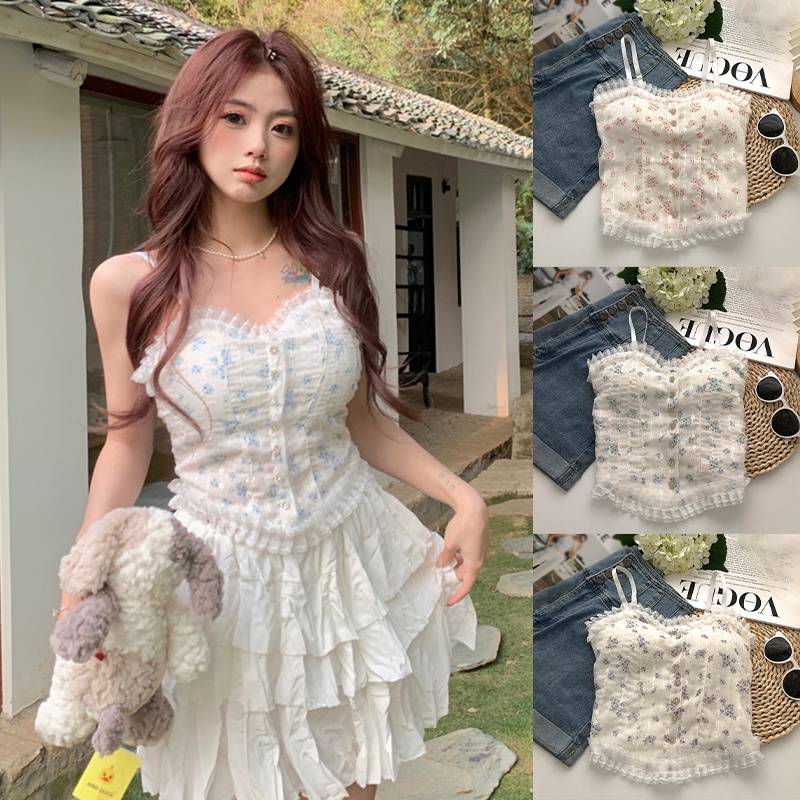 Áo Tank Top Không Tay In Hoa Phối Ren Phong Cách Hàn Quốc Cho Nữ