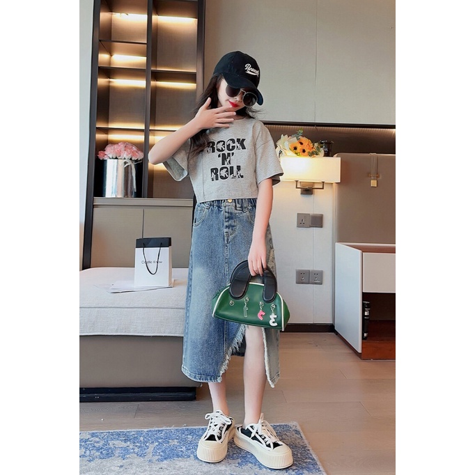 Set Áo Thun Ngắn Tay Và Chân Váy Denim Thời Trang Mùa Hè Cho Bé Gái