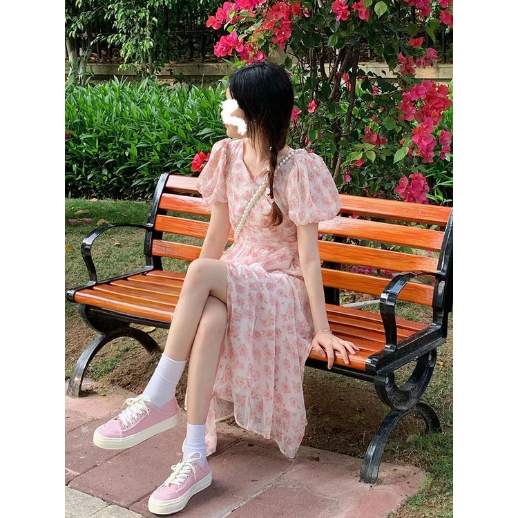 Mori First Love Đầm Dài Tay Phồng Nhấn Eo Hẹp Eo Hẹp In Hoa Kiểu Pháp Thanh Lịch Mùa Hè