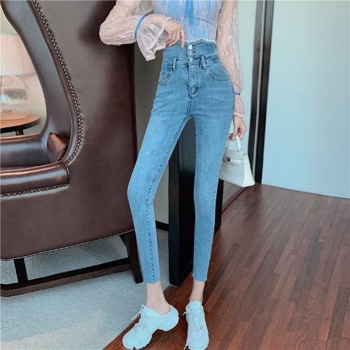 Quần Jean Dài Lưng Cao Dáng Ôm Màu Sắc Tươi Sáng Thời Trang Thu Đông Phong Cách Hồng Kông Cho Nữ