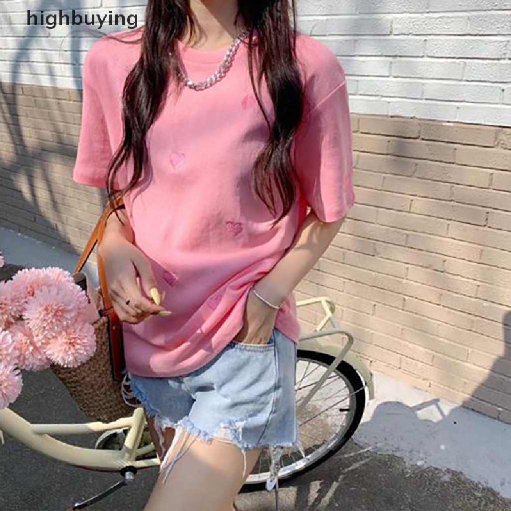 Áo Thun Tay Ngắn Cổ Tròn Thêu Hình Trái Tim Thời Trang Mùa Hè Cho Nữ