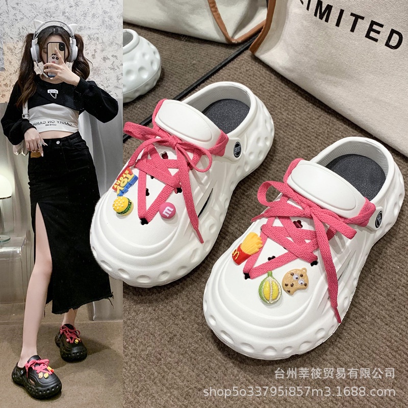 Xăng đan Đế Dày Chống Trượt Thiết Kế Đục Lỗ Phối Ren Họa Tiết Hoạt Hình Thời Trang Cho Nữ