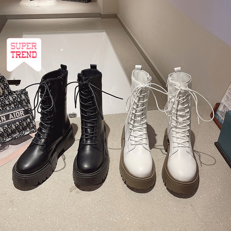 Giày Bốt Martin Mũi Tròn Cột Dây Phía Trước Màu Trơn Phối Khóa Kéo Thoải Mái Phong Cách Retro Thời Trang