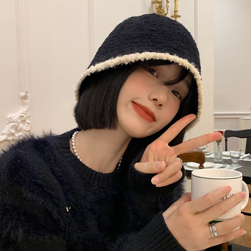 OFF WHITE Nón Bucket Len Lông Cừu Thời Trang Thu Đông Dành Cho Nữ