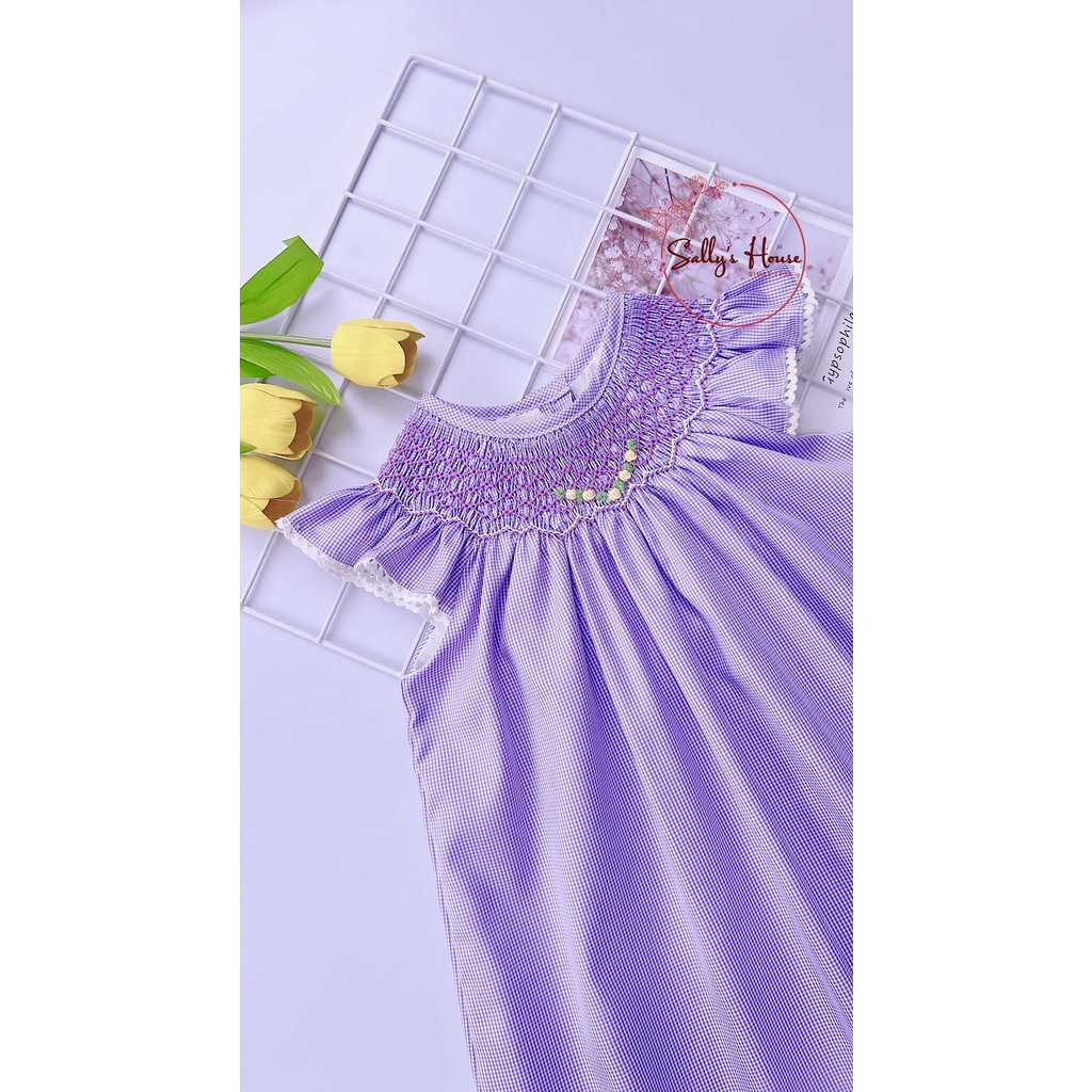 Đầm xích móc tím cho bé gái, vải cotton lụa mềm ít nhăn. đầm bé gái hai lớp