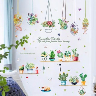 Decal dán tường giỏ hoa và chậu cây xương rồng