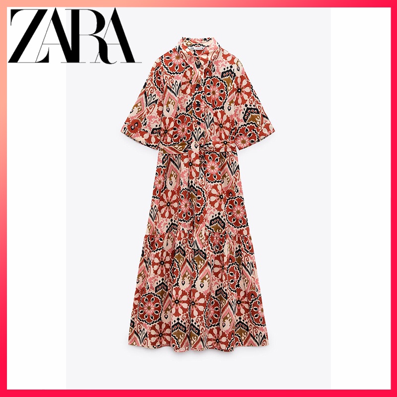 Zara Đầm In Họa Tiết Phối Thắt Lưng Xinh Xắn Dành Cho Nữ