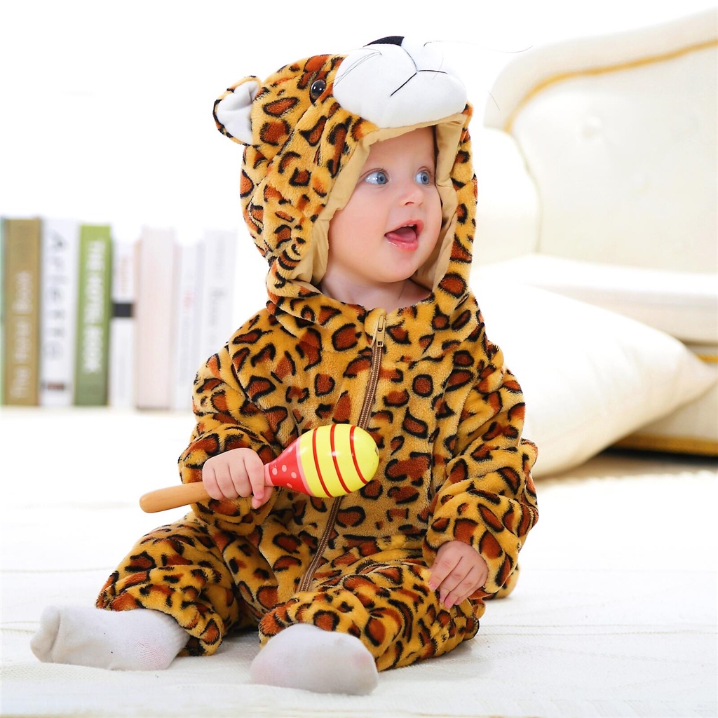 Bộ Áo Liền Quần Có Nón In Họa Tiết Hoạt Hình Động Vật Dễ Thương Thời Trang Mùa Đông Cho Bé Sơ Sinh