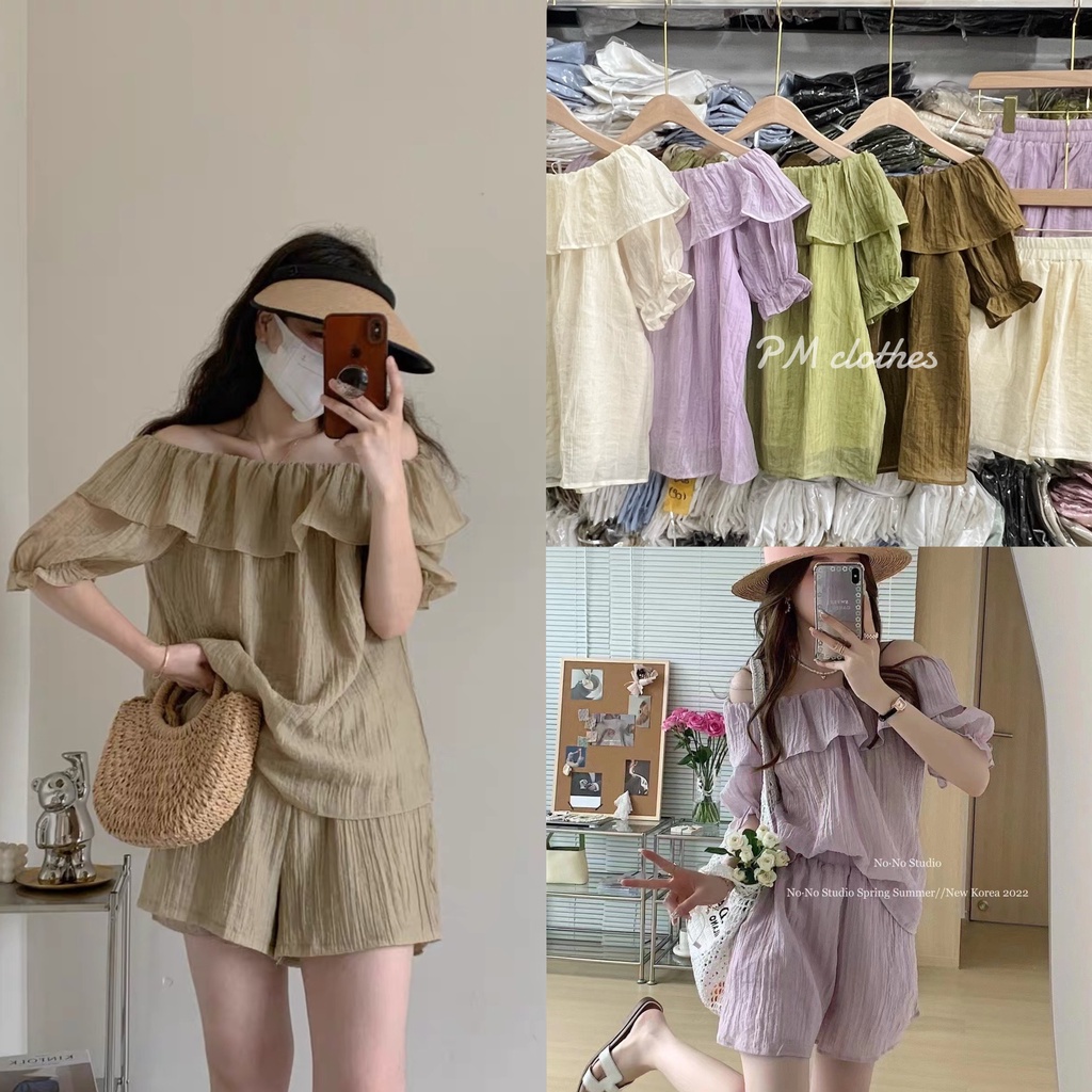 Set Áo trễ vai voan nhăn kèm quần short 2 lớp, ống rộng phong cách mùa hè