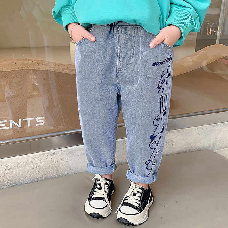 Quần Jeans Ống Rộng Co Giãn Thêu Họa Tiết Hoạt Hình Phong Cách Hàn Quốc Cho Bé Gái 0-6 Tuổi