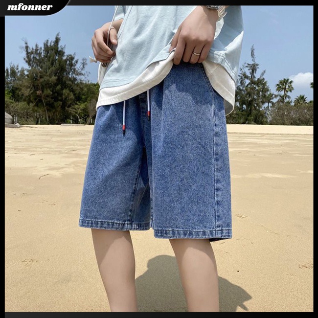 Quần Short Denim Mỏng Lưng Thun Ống Rộng Thời Trang Mùa Hè Dành Cho Nam