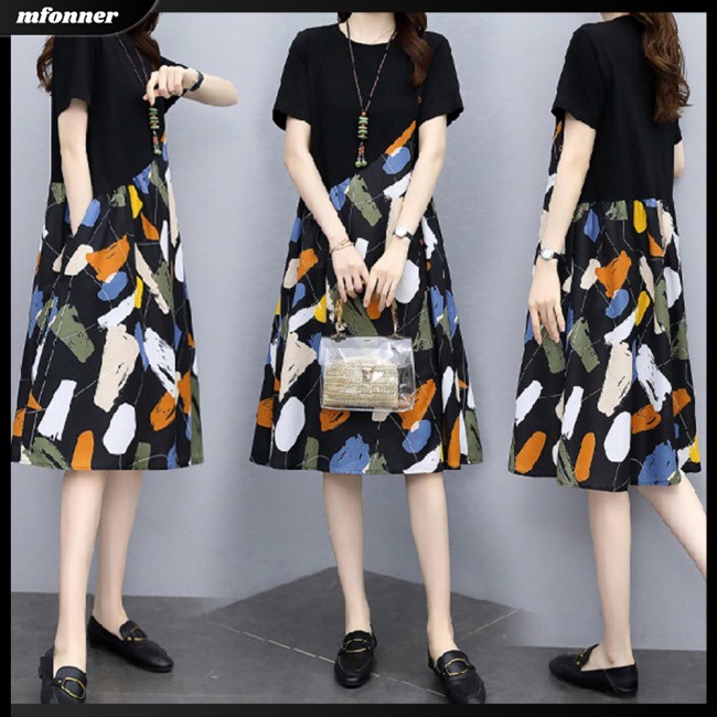 Đầm Dáng Chữ A Tay Ngắn Cổ Tròn Lưng Cao In Họa Tiết Thời Trang Mùa Hè Cho Nữ