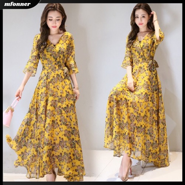 Đầm Dài Tay Loe In Họa Tiết Hoa Trang Nhã Dành Cho Nữ