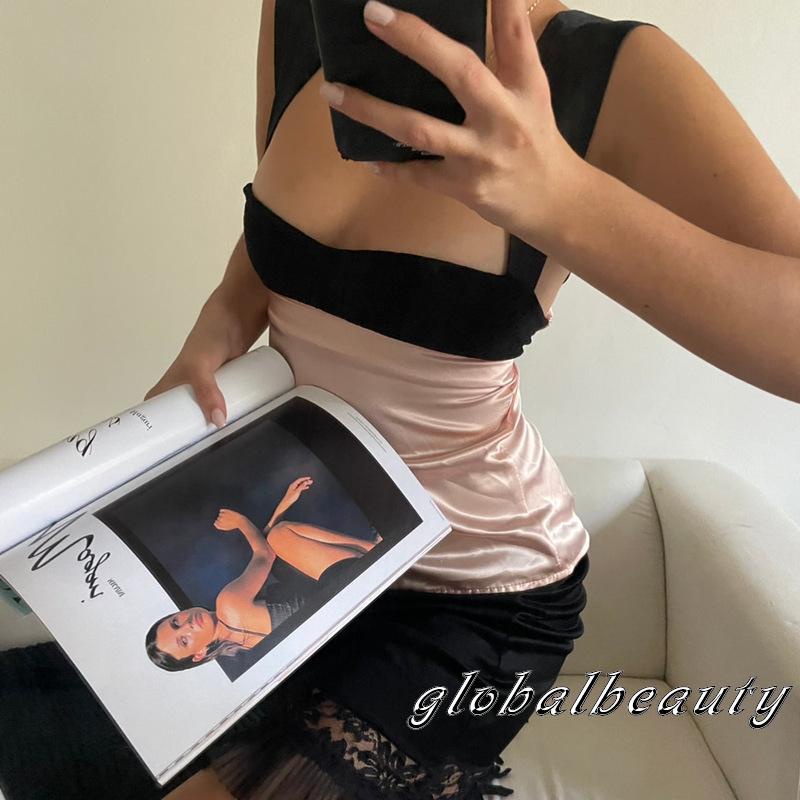 Áo Hai Dây Mùa Hè Cắt Thấp Hở Lưng Màu Tương Phản Cho Nữ