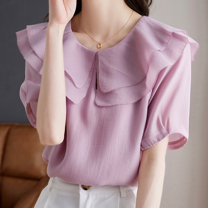 Áo Sơ Mi Chiffon Tay Ngắn Cổ Lá Sen Màu Tím Thời Trang Mùa Hè 2023 Mới Cho Nữ